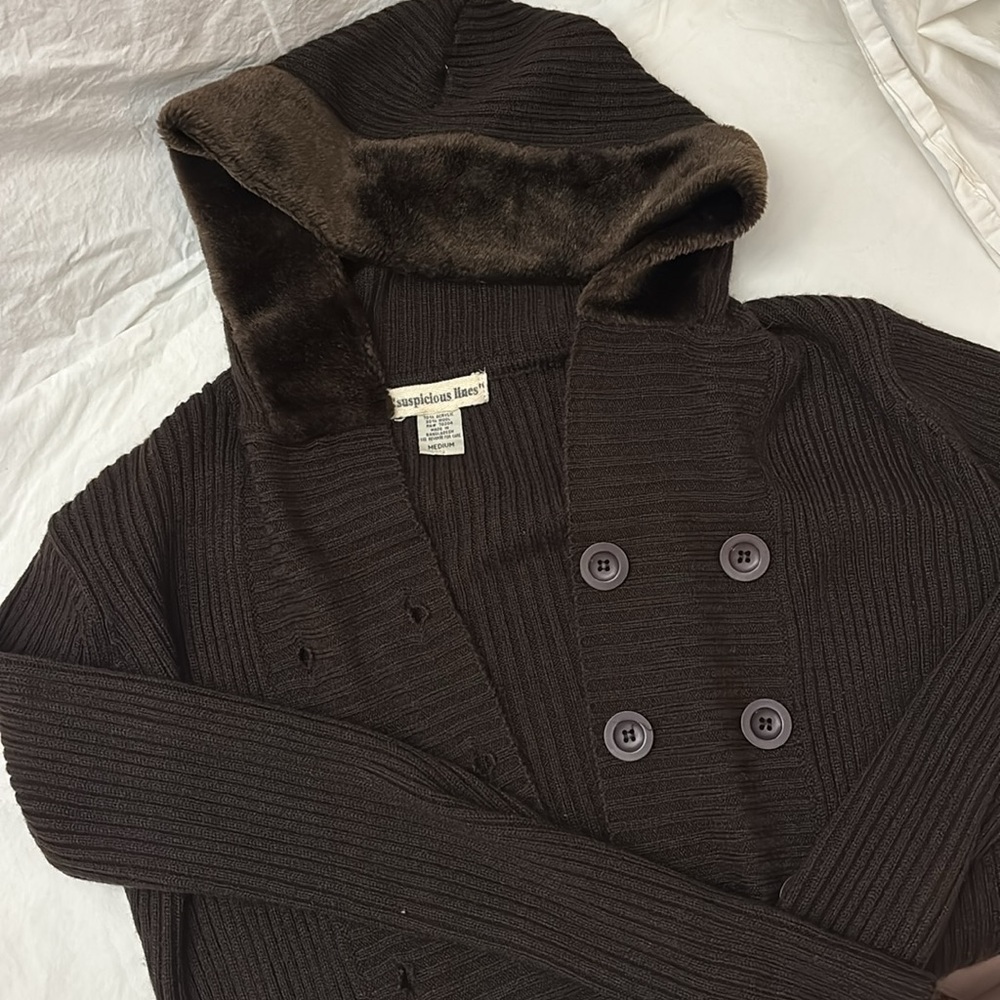 Fur trim hood, button up, women’s sweater
